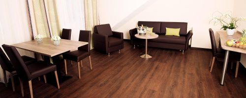 Geräumiges AG Zimmer im Hotel Amaris mit Sofa, Sessel und gemütlichem Wohnbereich.