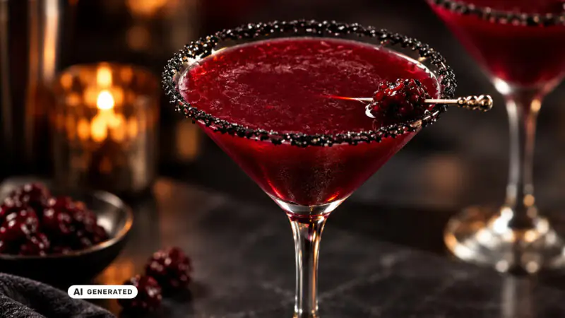 Roter Halloween-Cocktail mit dunklem Zuckerrand und Brombeere im Martiniglas.